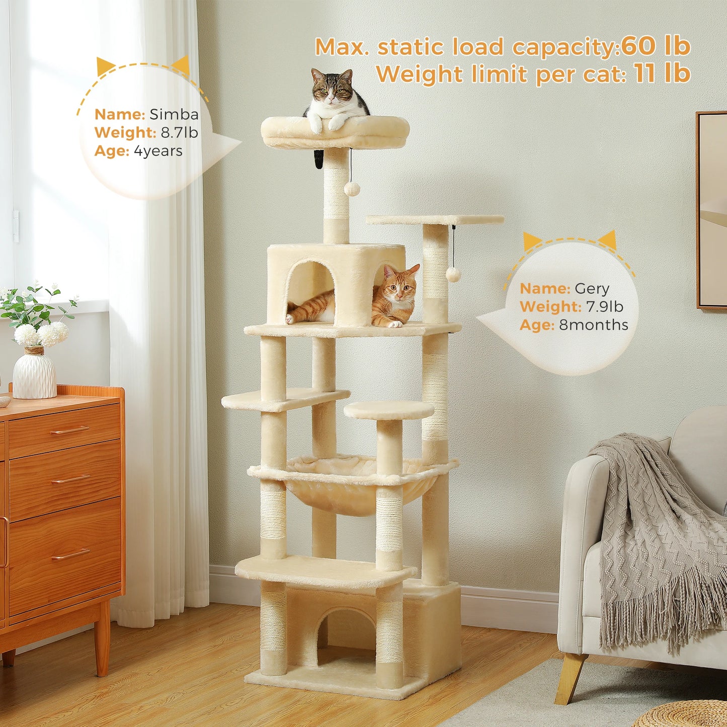 Large Cat Tree and Tower for Indoor Cats With Sisal-Covered Scratching Posts Spacious Hammock Padded Perches and Condos Cat Toys