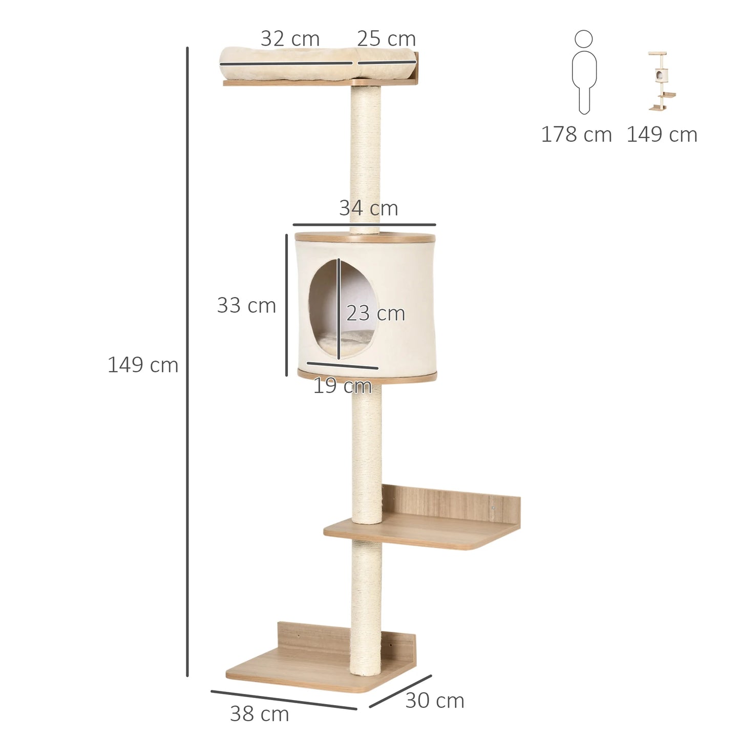 PawHut cat tree wall decks removable cushion scraper Post