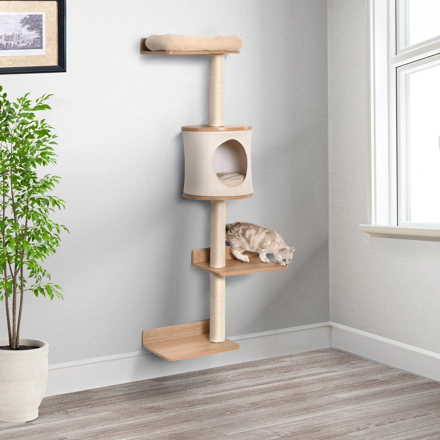 PawHut cat tree wall decks removable cushion scraper Post