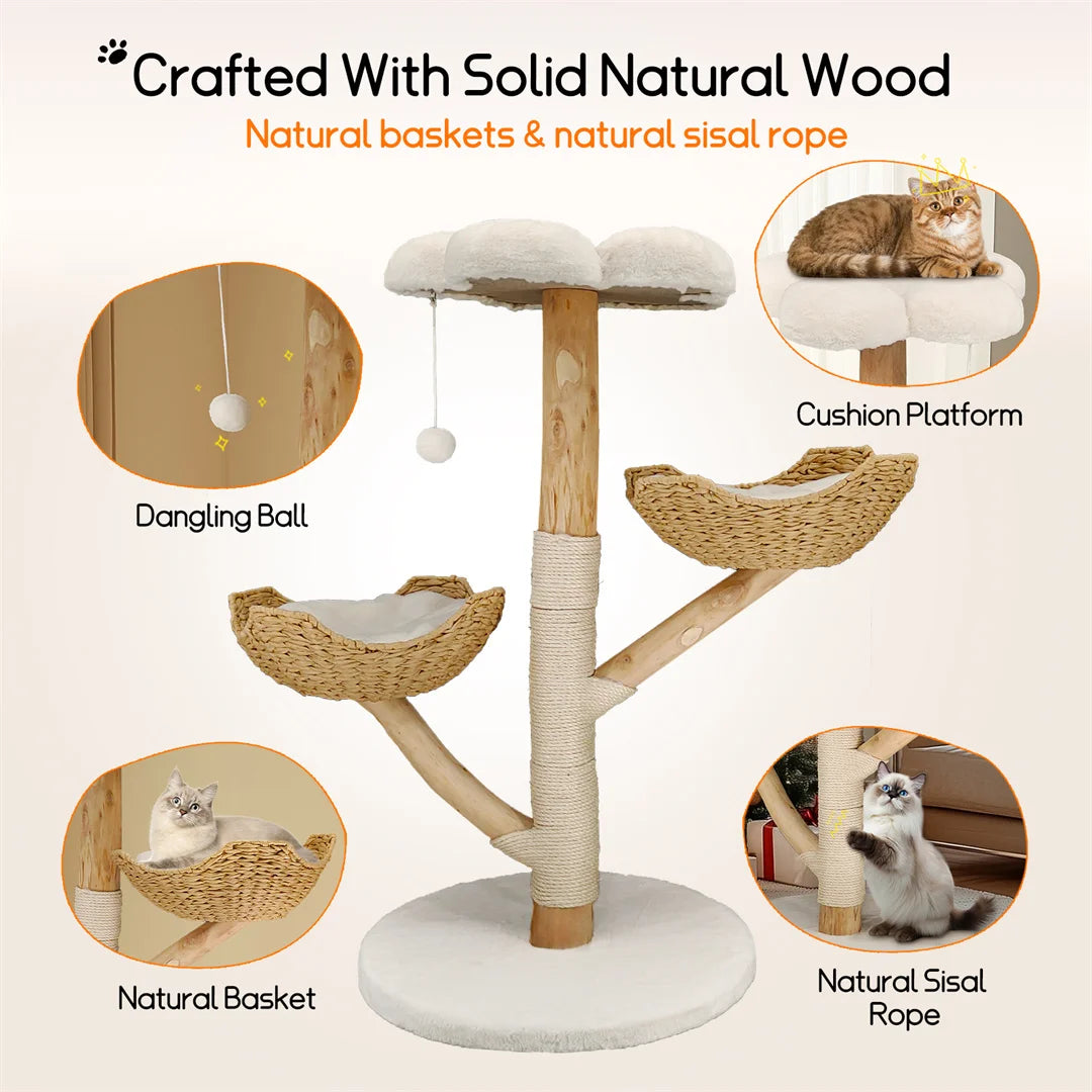 110cm Modern Cat Furniture Climbing Tree Solid Wood Activity Center with Scratching Post for Kitty