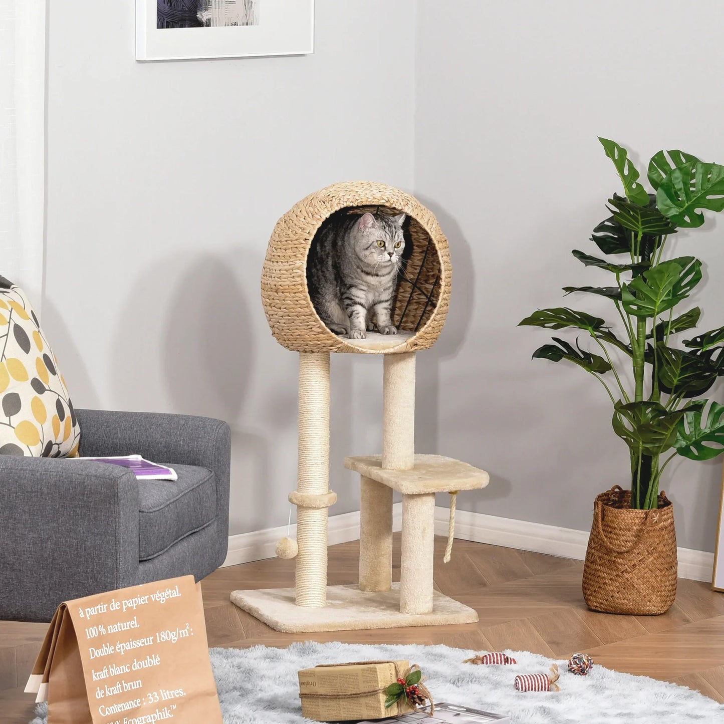 Scratching post with cat cave 100H cm cat bed for small cats with ball toy and sisal beige