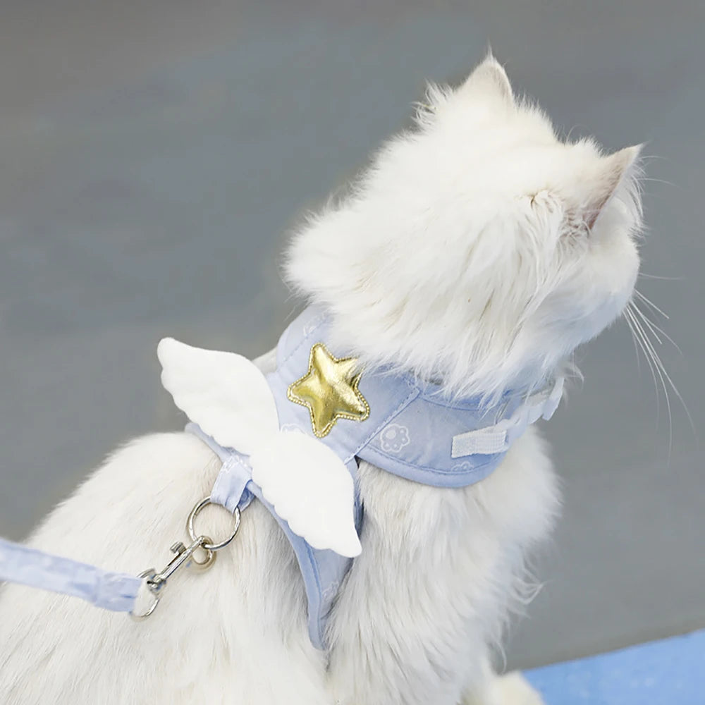 Angel Wing Cat Harness and Leash Set, Adjustable Kitten Vest Harness for Walking, Escape-Proof Soft Mesh Breathable Comfortable