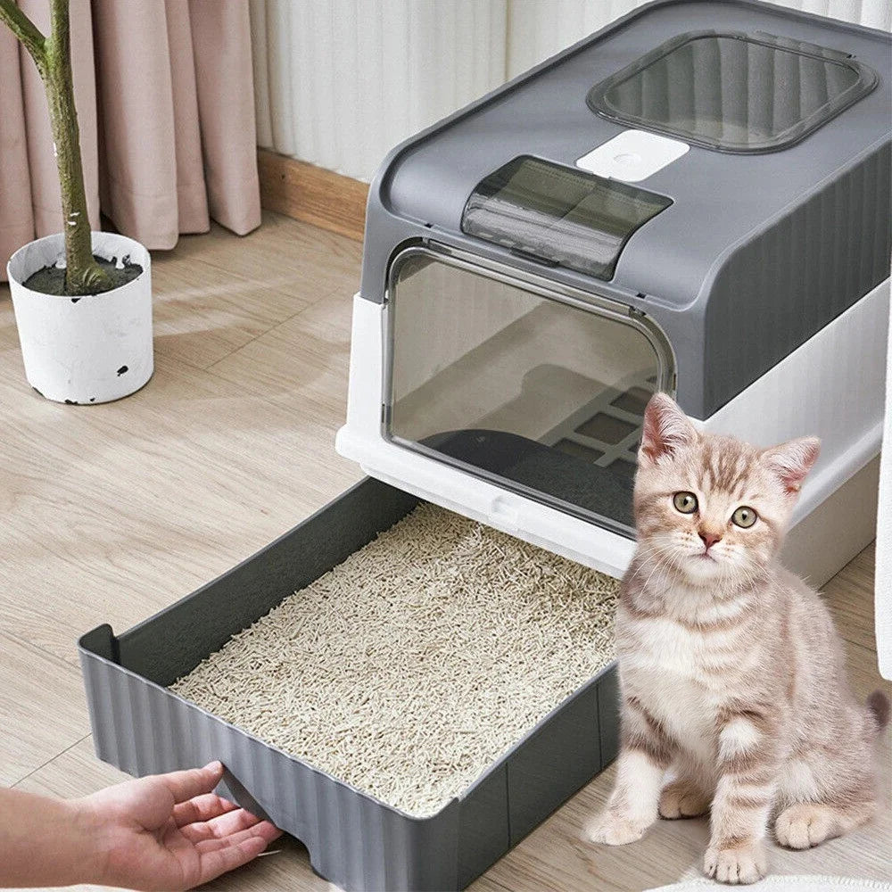 Capacity Cat Litter Box Self Enclosed Foldable Kitty Toilet Cleaning Pan Drawer Anti-Splashing Cat Toilet Boxes Litter Scoop