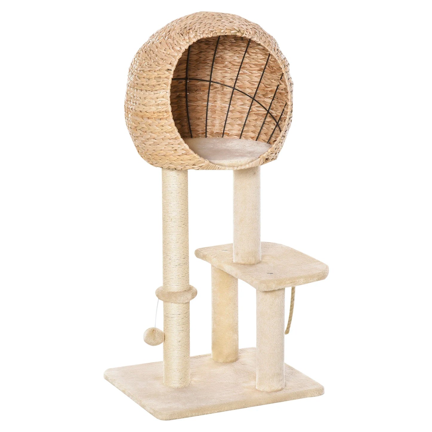 Scratching post with cat cave 100H cm cat bed for small cats with ball toy and sisal beige