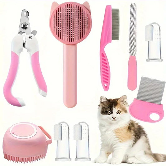 8Pcs Cat Brush Beauty Kit With Pets Nail Clippers Cat Shampoo Bath Brush Cats Sheddin and Files Pet Self-Cleaning Kit Flea Comb