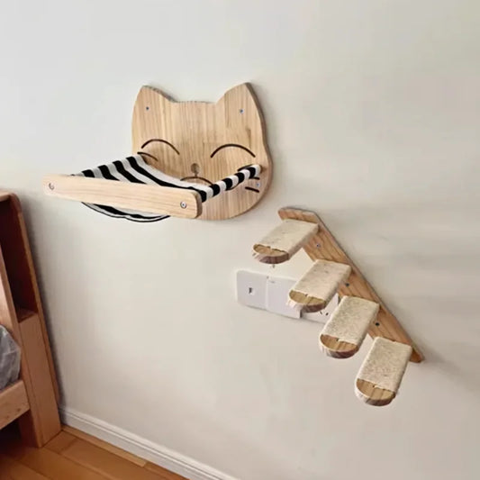 Cat Wall Mounted Furniture Wooden Hammock Climbing Shelf Set Perch Sisal Ladder Scratching Post Beds Perches Stable For Kitty