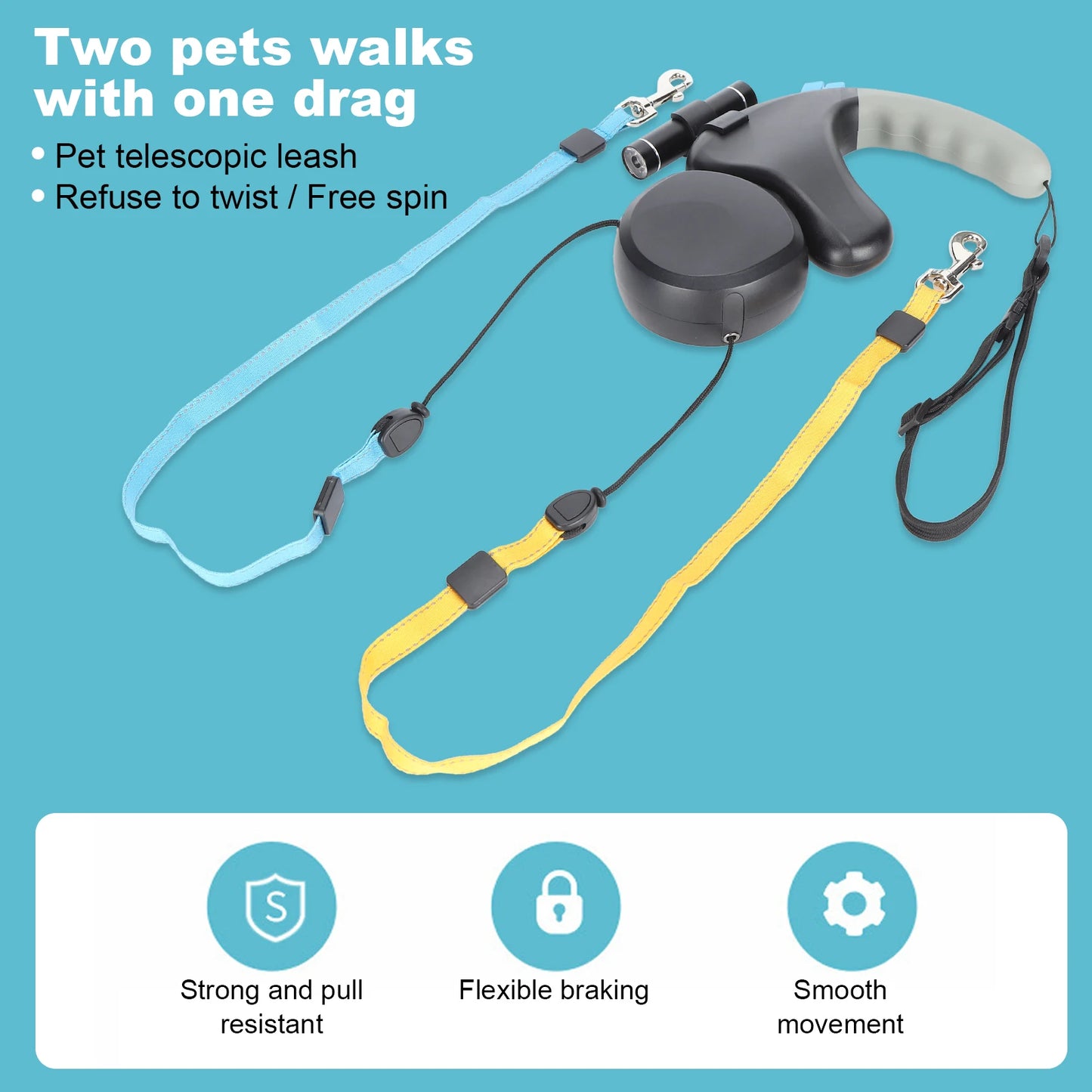 Pet Double-Head Traction Rope One for Two Traction Dog Double-Ended Retractable Leash with LED Light