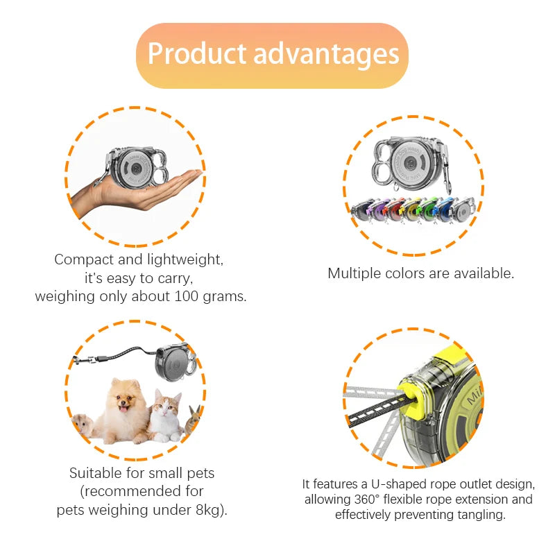 Automatic Retractable Small Dog Leash 3m Ultralight Portable Nylon with Locking Alloy Clip for Outdoor Jogging Hiking Travel