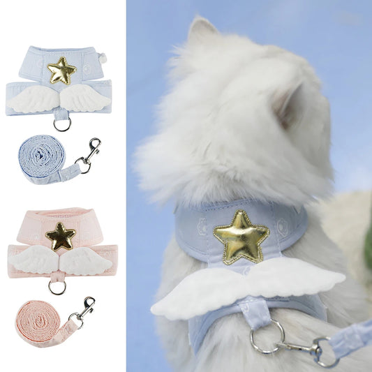 Angel Wing Cat Harness and Leash Set, Adjustable Kitten Vest Harness for Walking, Escape-Proof Soft Mesh Breathable Comfortable