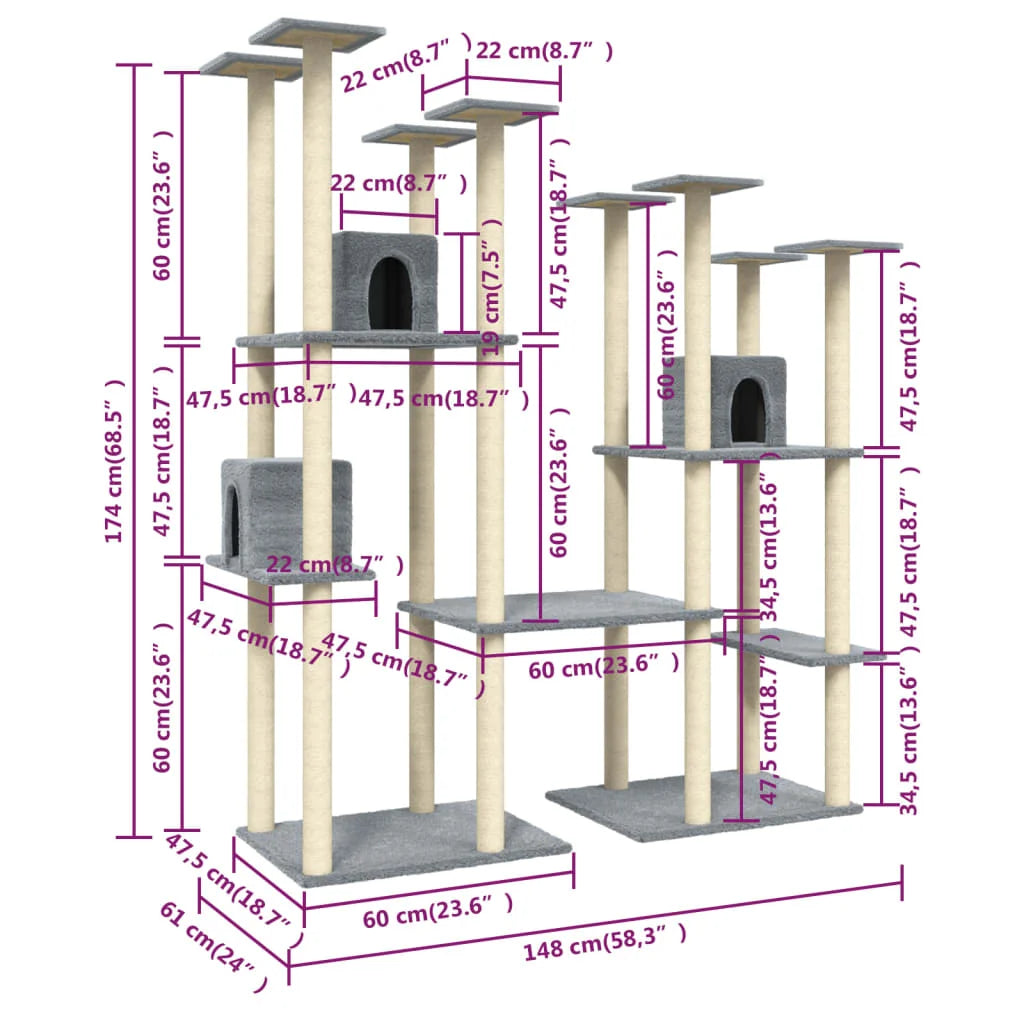Cat Tree with Sisal Scratching Post Light Grey 174 cm