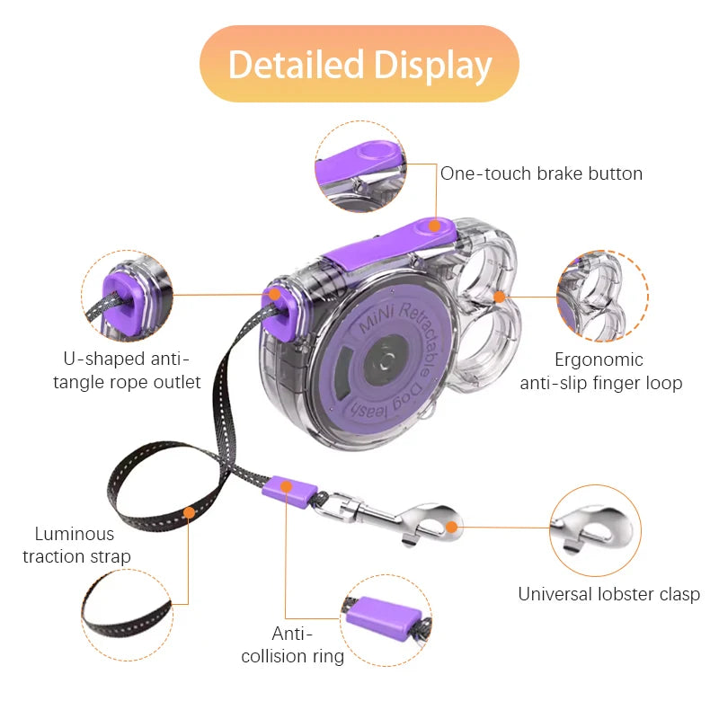 Automatic Retractable Small Dog Leash 3m Ultralight Portable Nylon with Locking Alloy Clip for Outdoor Jogging Hiking Travel