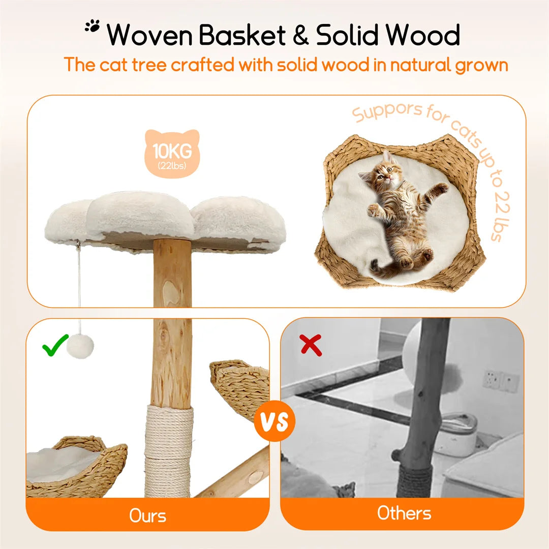110cm Modern Cat Furniture Climbing Tree Solid Wood Activity Center with Scratching Post for Kitty