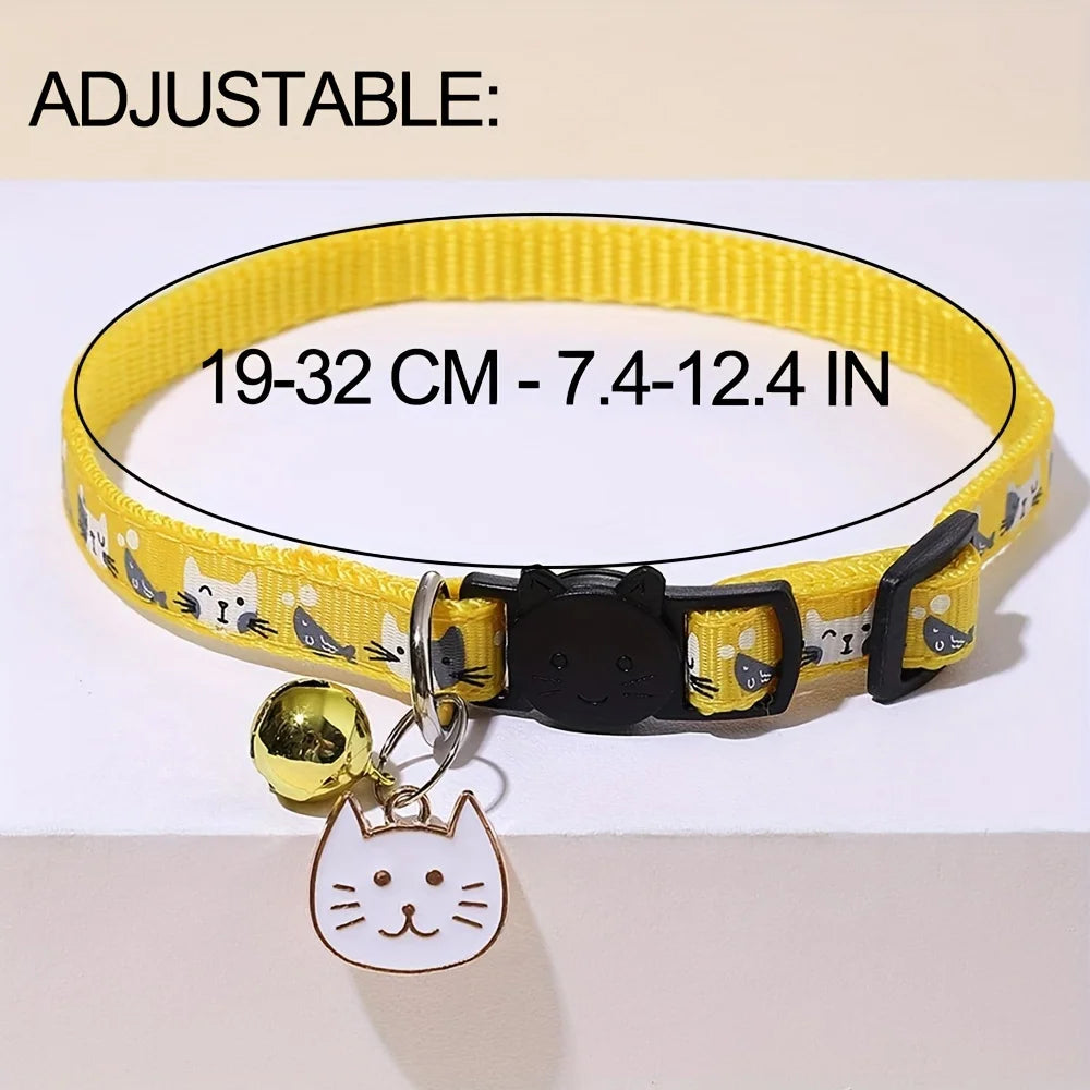 Comfort Fit Cartoon Design Adjustable Nylon Cat Collar - Safety Buckle and Bell, Durable Pet Accessory for Small Dogs & Cats