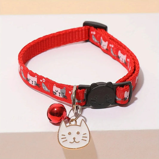 Comfort Fit Cartoon Design Adjustable Nylon Cat Collar - Safety Buckle and Bell, Durable Pet Accessory for Small Dogs & Cats