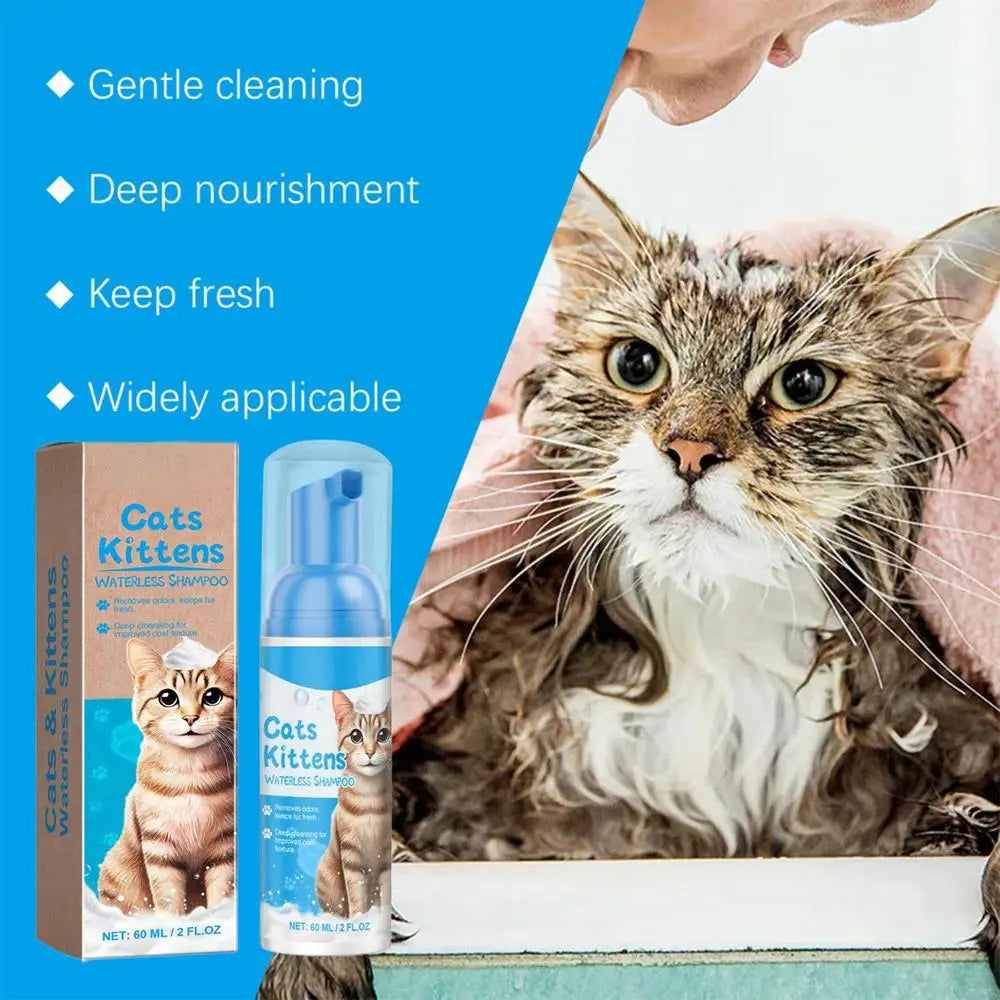 Cat Dry Shampoo Waterless Cat Shampoo Licking Safe Dry Shampoo 60ml Gentle Foam Shampoo For Cats Deep Cleansing Relieves Itchy