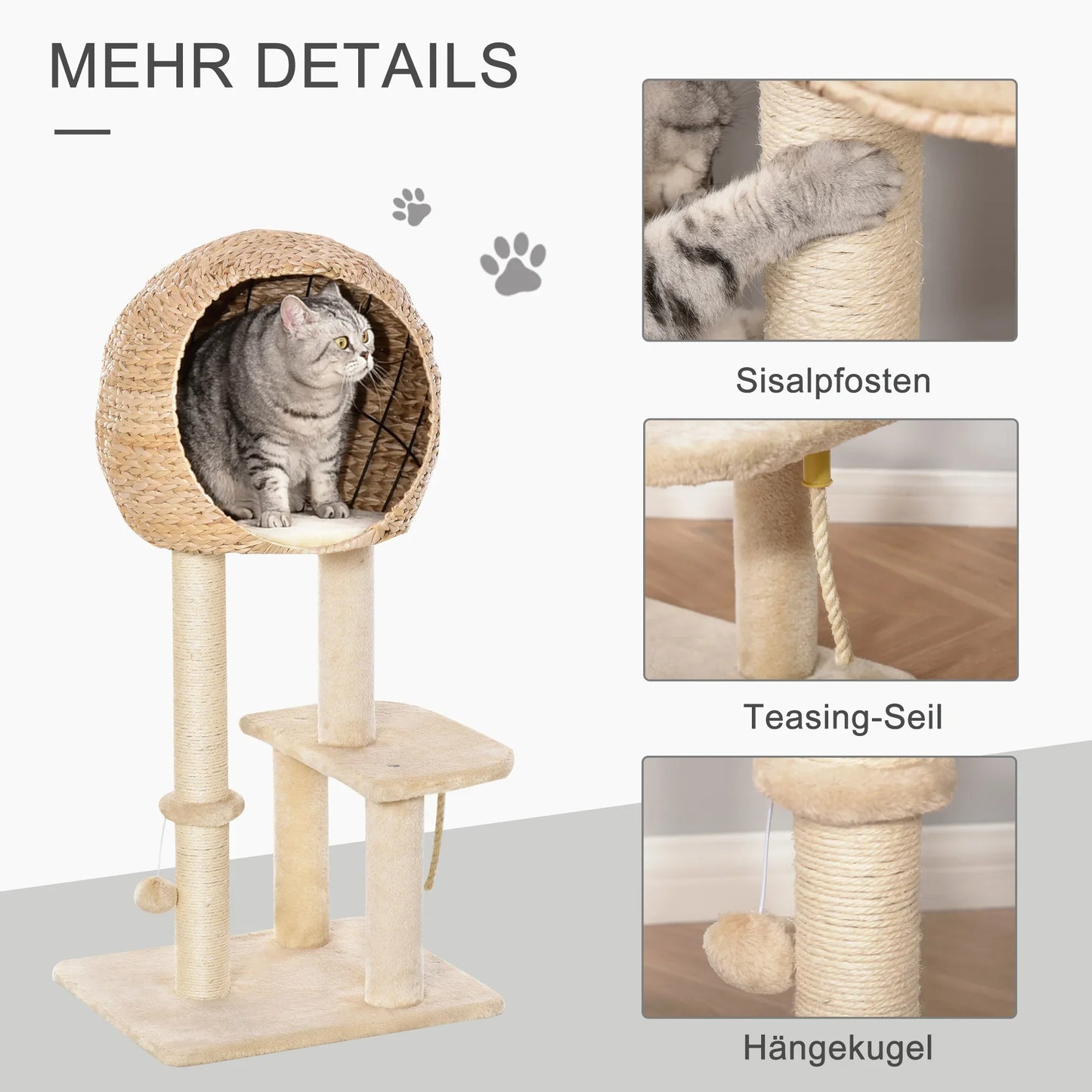 Scratching post with cat cave 100H cm cat bed for small cats with ball toy and sisal beige