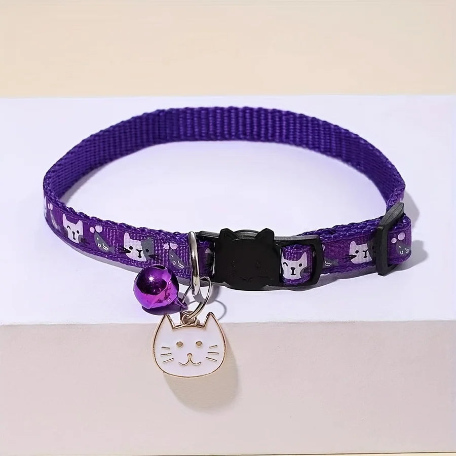 Comfort Fit Cartoon Design Adjustable Nylon Cat Collar - Safety Buckle and Bell, Durable Pet Accessory for Small Dogs & Cats