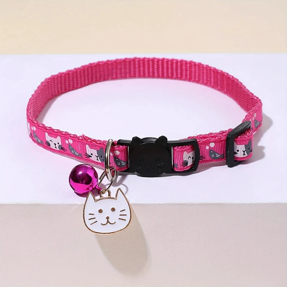Comfort Fit Cartoon Design Adjustable Nylon Cat Collar - Safety Buckle and Bell, Durable Pet Accessory for Small Dogs & Cats