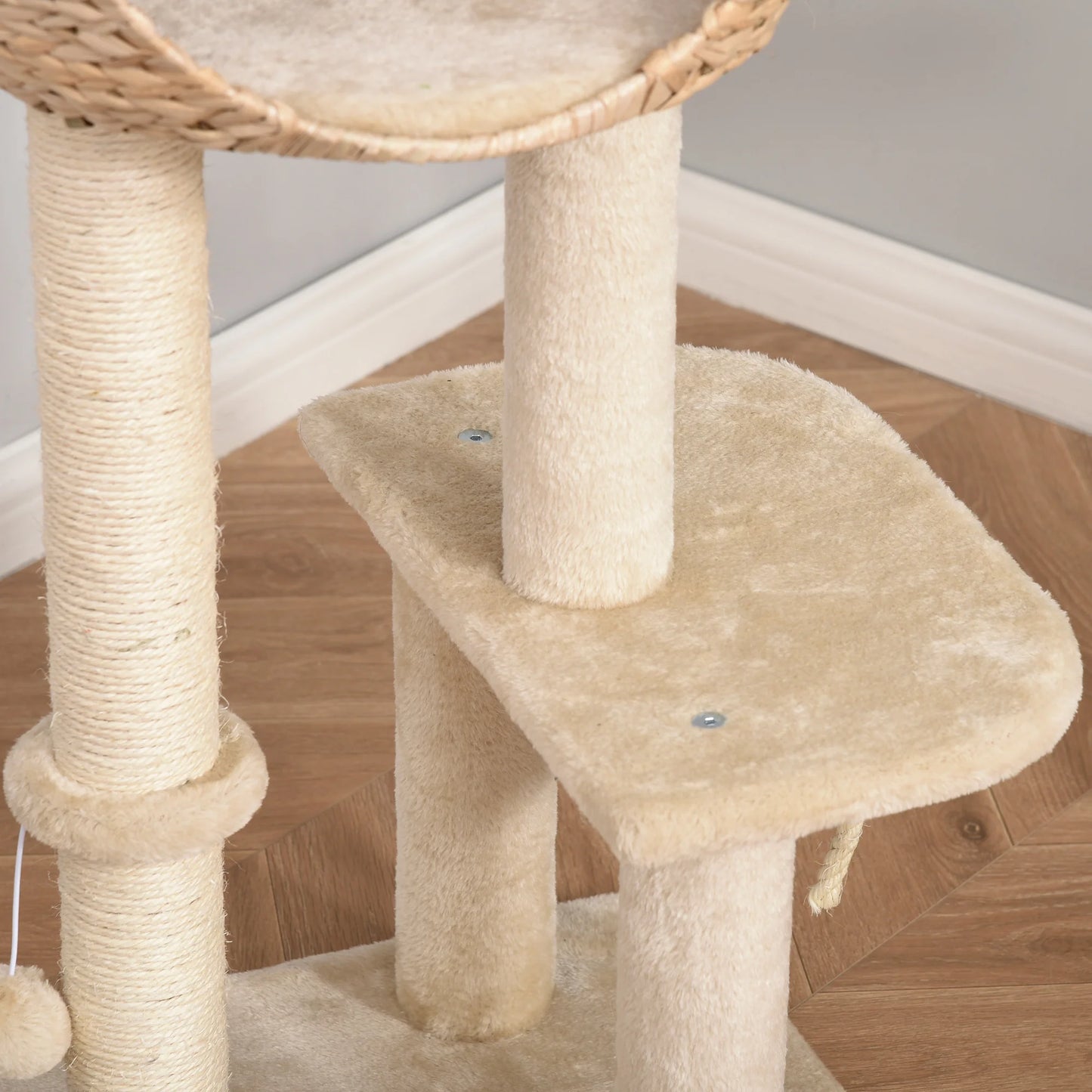 Scratching post with cat cave 100H cm cat bed for small cats with ball toy and sisal beige