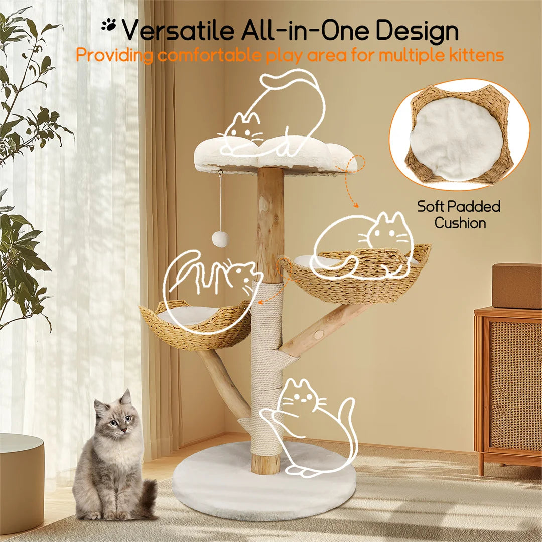 110cm Modern Cat Furniture Climbing Tree Solid Wood Activity Center with Scratching Post for Kitty