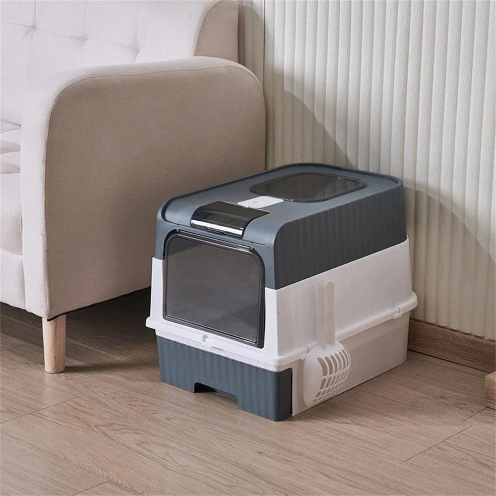 Capacity Cat Litter Box Self Enclosed Foldable Kitty Toilet Cleaning Pan Drawer Anti-Splashing Cat Toilet Boxes Litter Scoop