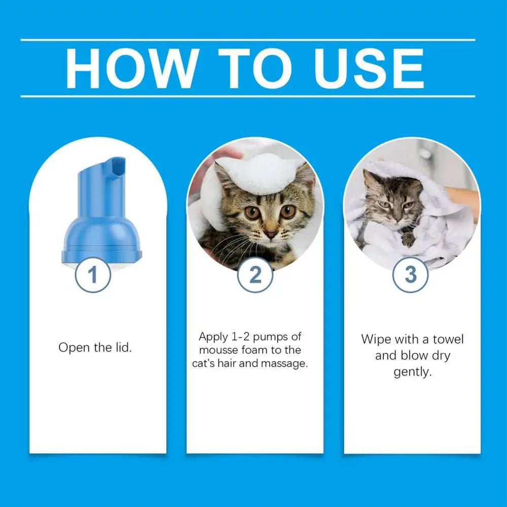 Cat Dry Shampoo Waterless Cat Shampoo Licking Safe Dry Shampoo 60ml Gentle Foam Shampoo For Cats Deep Cleansing Relieves Itchy