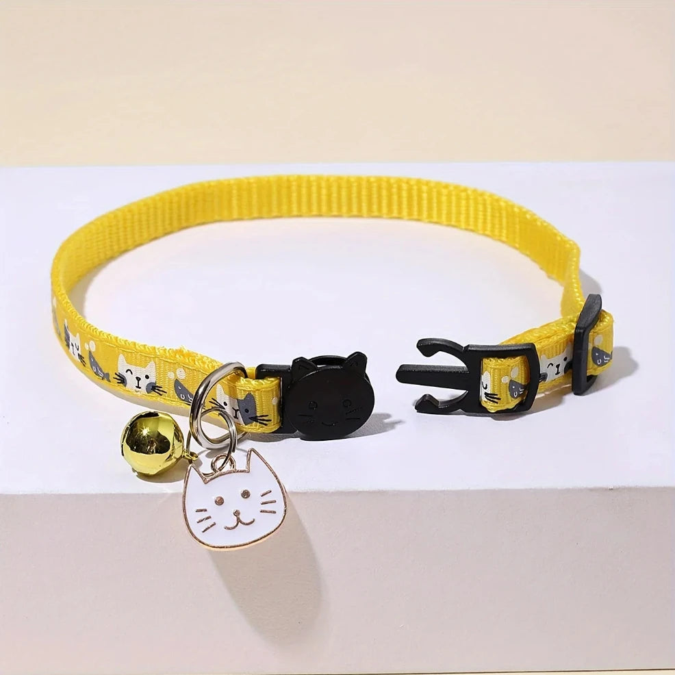 Comfort Fit Cartoon Design Adjustable Nylon Cat Collar - Safety Buckle and Bell, Durable Pet Accessory for Small Dogs & Cats