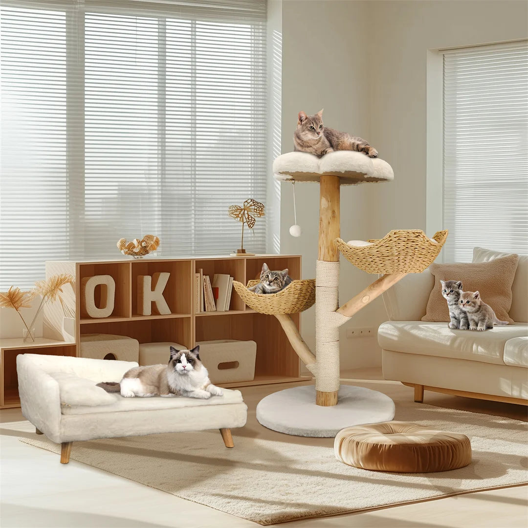 110cm Modern Cat Furniture Climbing Tree Solid Wood Activity Center with Scratching Post for Kitty