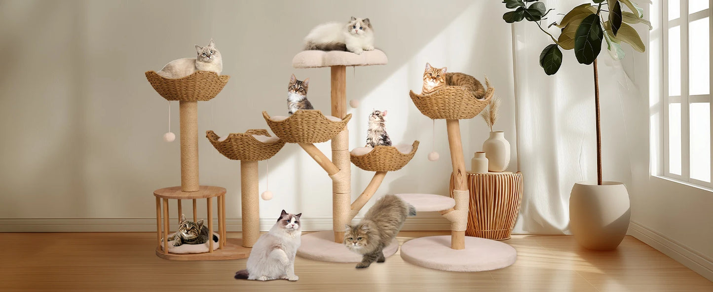 110cm Modern Cat Furniture Climbing Tree Solid Wood Activity Center with Scratching Post for Kitty