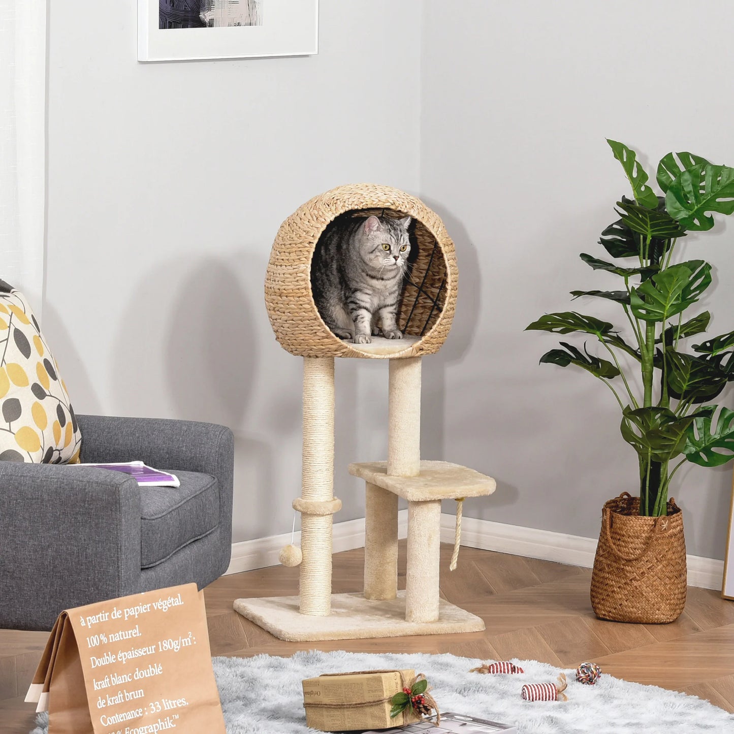Scratching post with cat cave 100H cm cat bed for small cats with ball toy and sisal beige