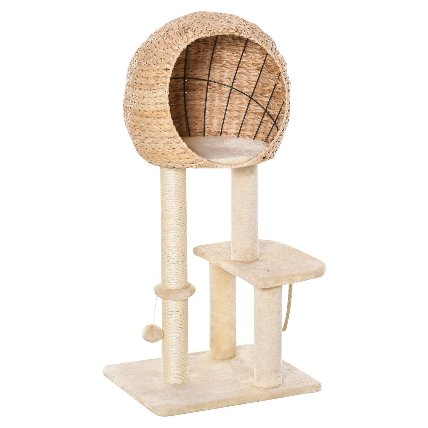 Scratching post with cat cave 100H cm cat bed for small cats with ball toy and sisal beige