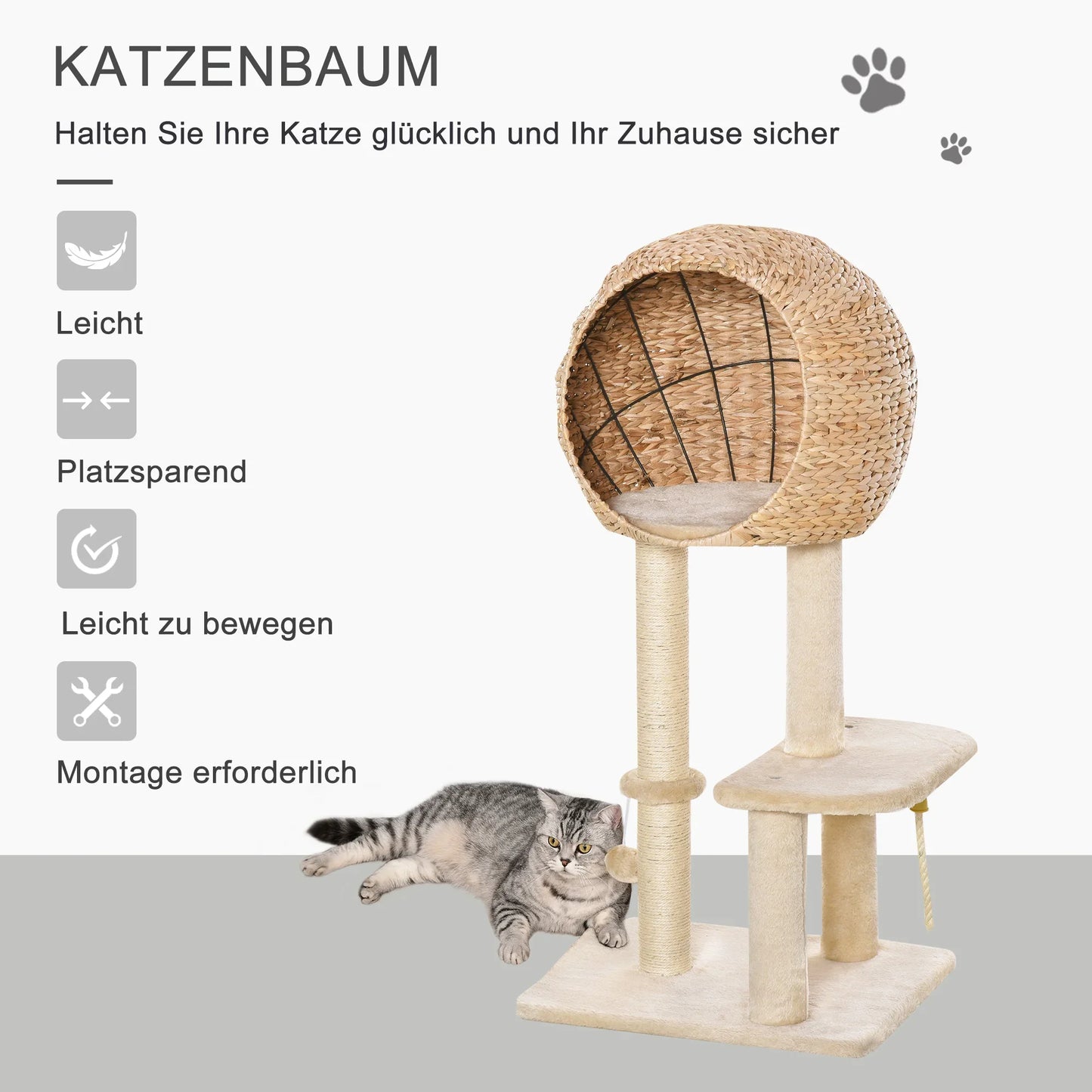 Scratching post with cat cave 100H cm cat bed for small cats with ball toy and sisal beige