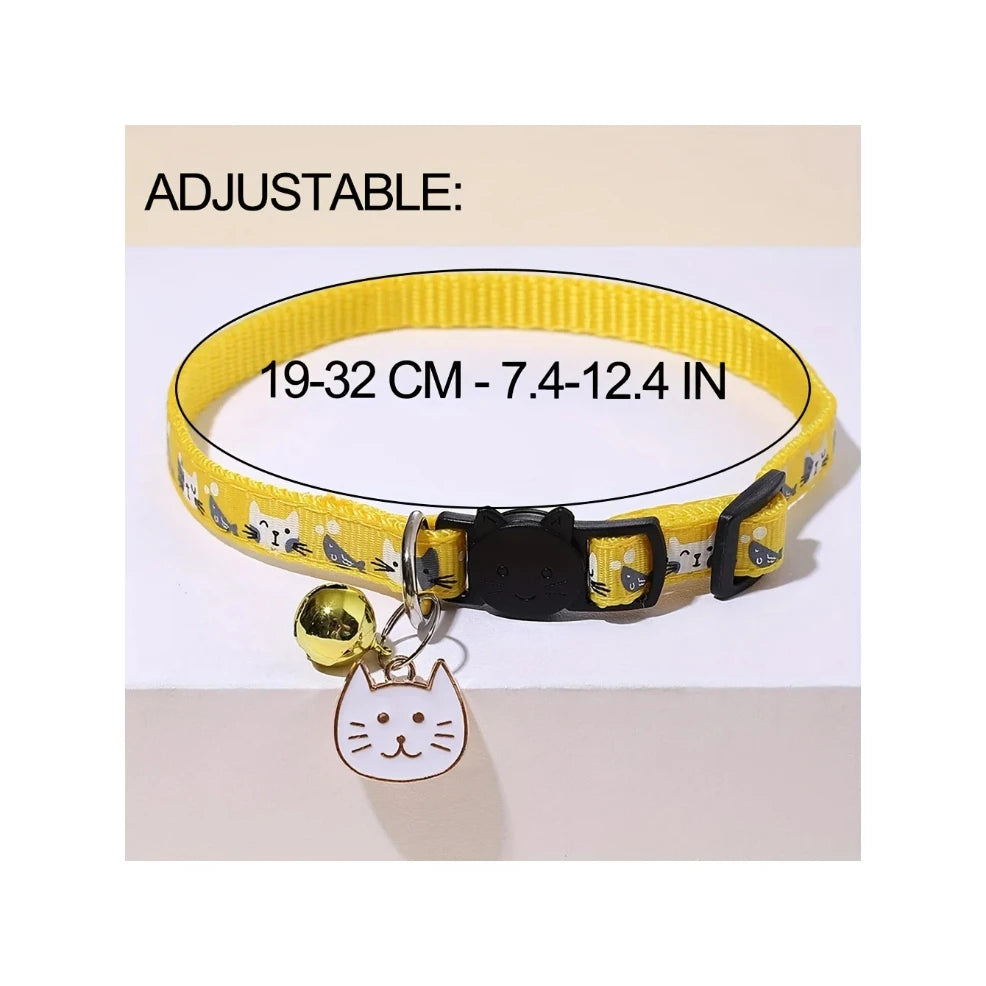 Comfort Fit Cartoon Design Adjustable Nylon Cat Collar - Safety Buckle and Bell, Durable Pet Accessory for Small Dogs & Cats
