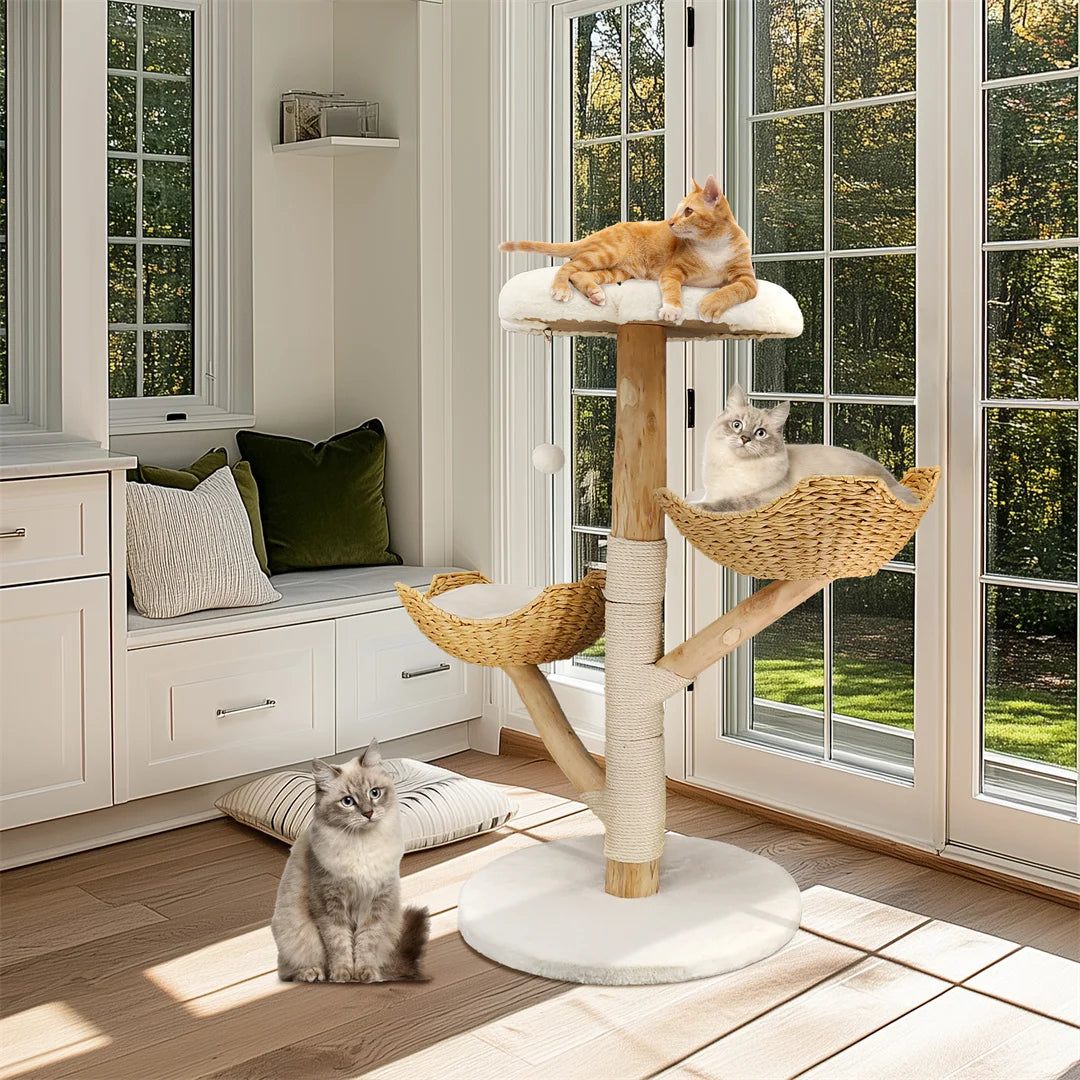 110cm Modern Cat Furniture Climbing Tree Solid Wood Activity Center with Scratching Post for Kitty