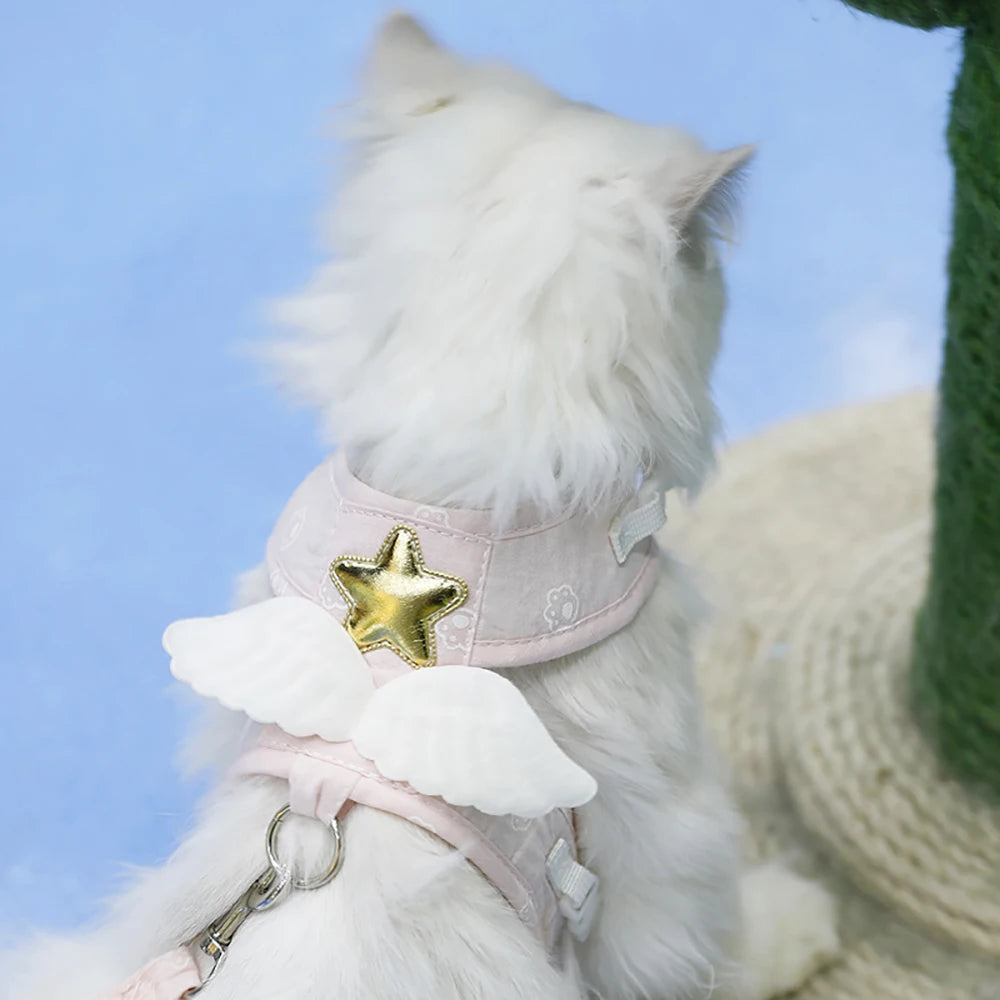 Angel Wing Cat Harness and Leash Set, Adjustable Kitten Vest Harness for Walking, Escape-Proof Soft Mesh Breathable Comfortable