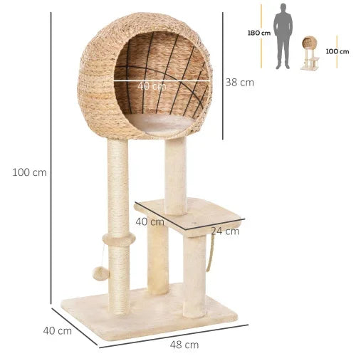 Scratching post with cat cave 100H cm cat bed for small cats with ball toy and sisal beige